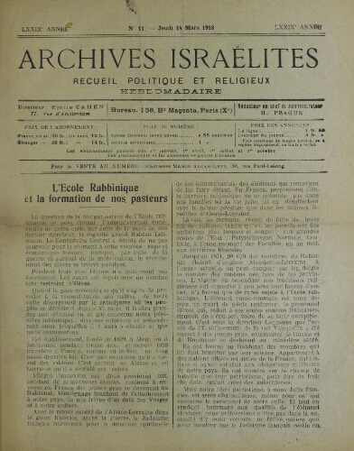 Archives israélites de France. Vol.79 N°11 (14 mars 1918)